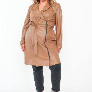 veste col à revers ceinturé zippé en cuir PU
