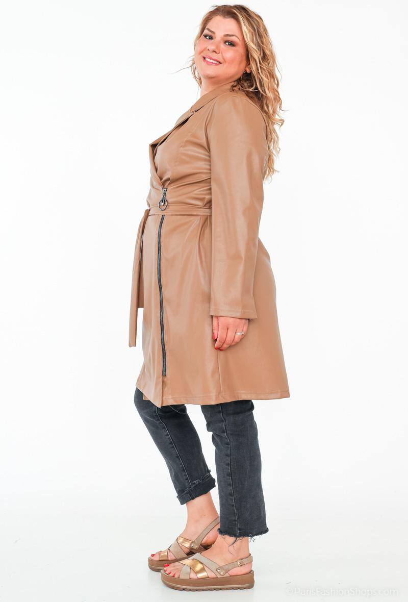 veste col à revers ceinturé zippé en cuir PU