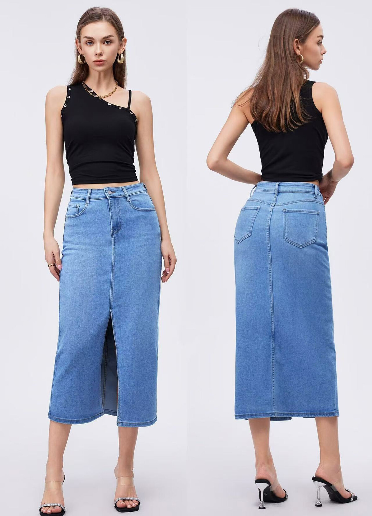mannequin qui porte la jupe en jeans longue