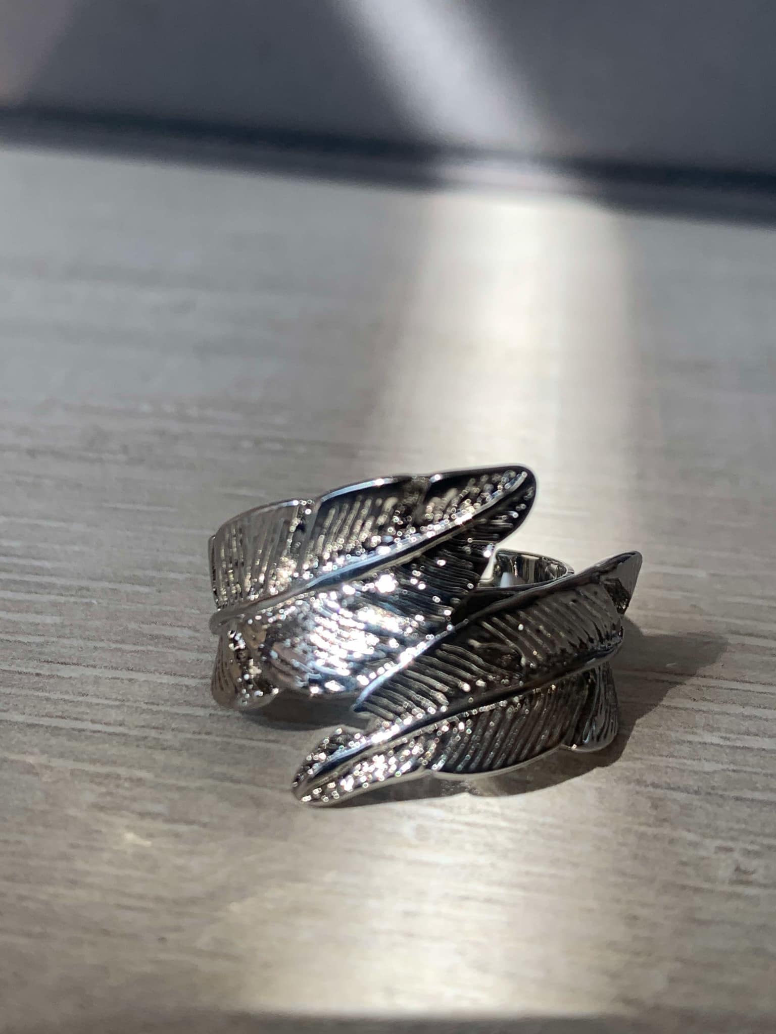bague plume en acier inoxydable couleur argent