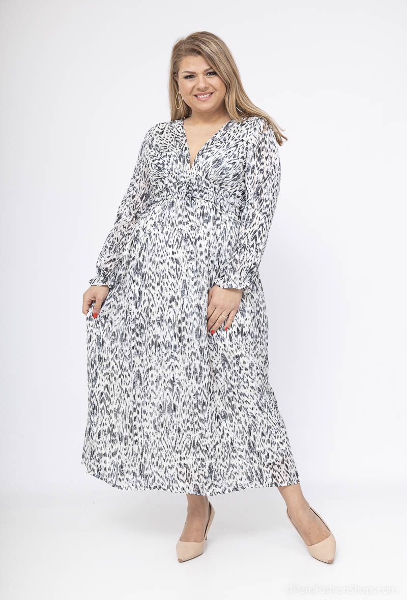 Robe Longue Blanche Femme Doublée – Motif Léopard Noir et Fils Argentés