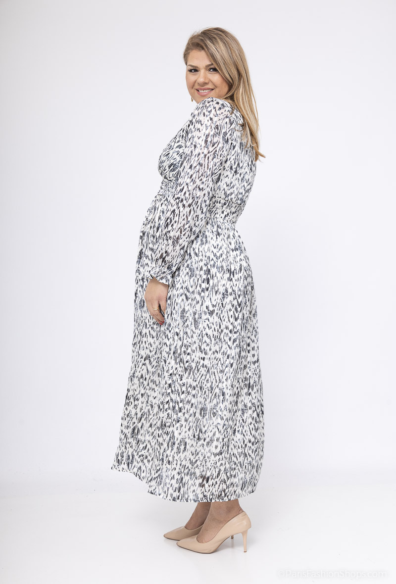Robe Longue Blanche Femme Doublée – Motif Léopard Noir et Fils Argentés