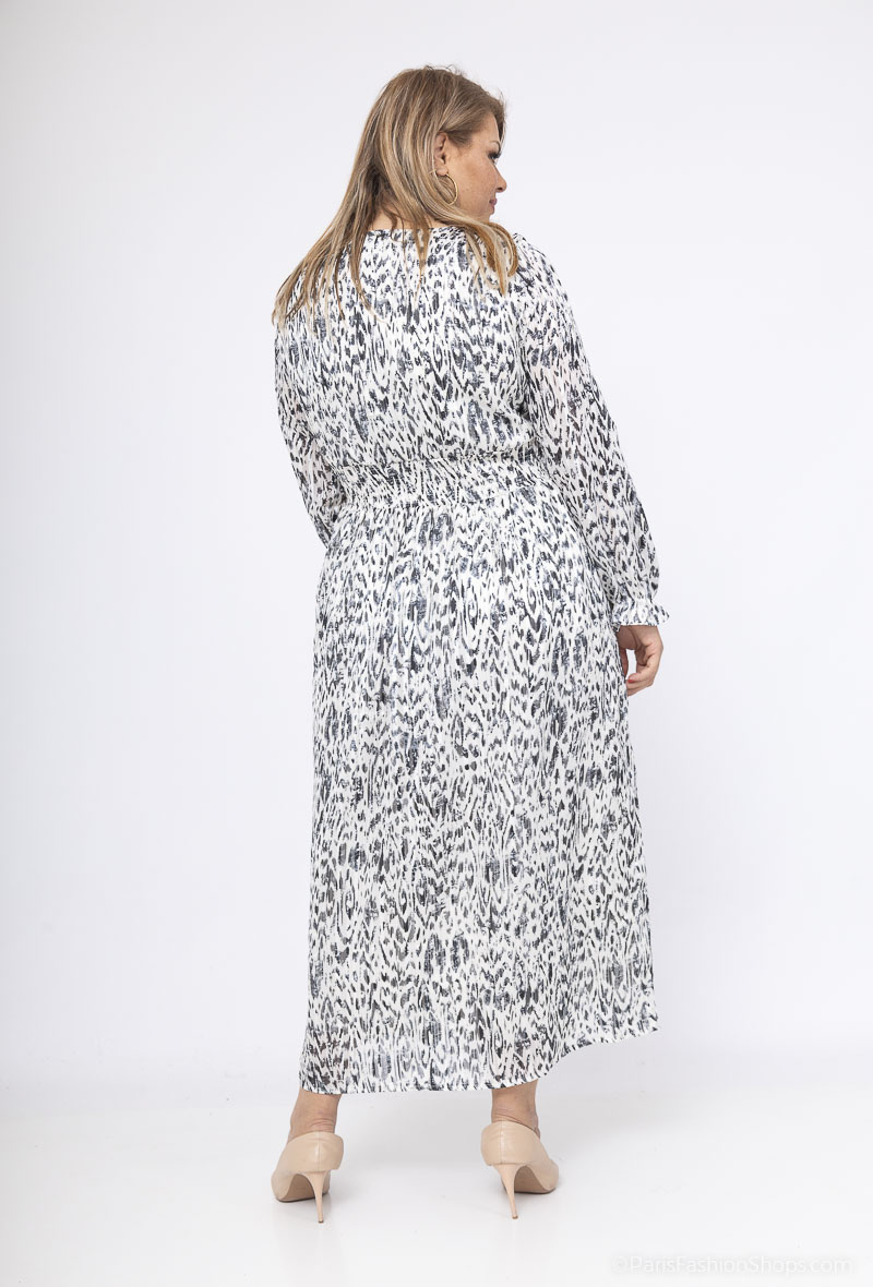 Robe Longue Blanche Femme Doublée – Motif Léopard Noir et Fils Argentés