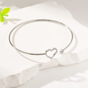 Bracelet Jonc Ouvert Cœur Strass et Solitaire en Acier Inoxydable