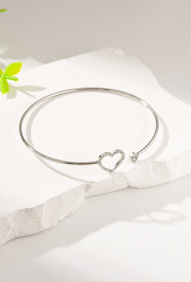 Bracelet Jonc Ouvert Cœur Strass et Solitaire en Acier Inoxydable