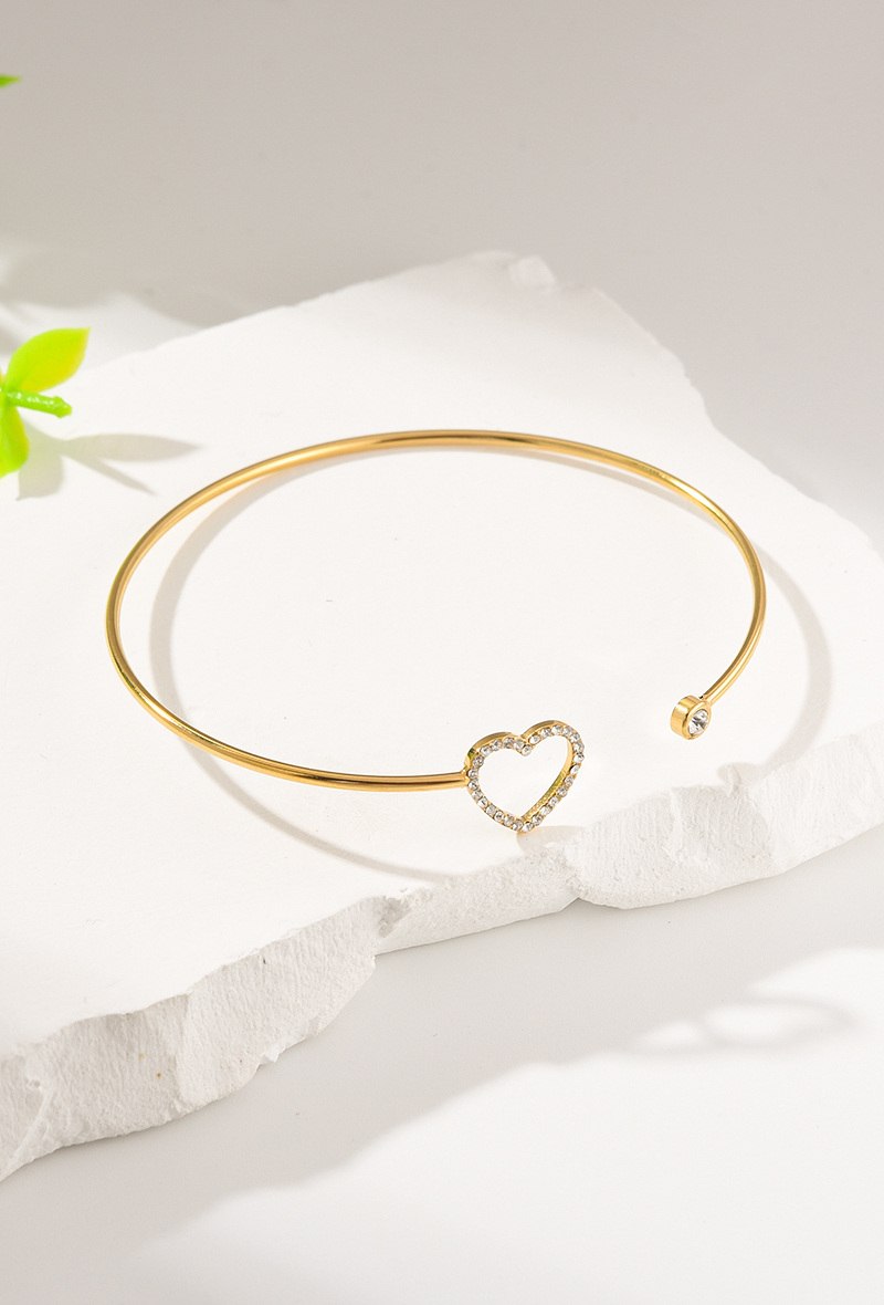 Bracelet Jonc Ouvert Cœur Strass et Solitaire en Acier Inoxydable