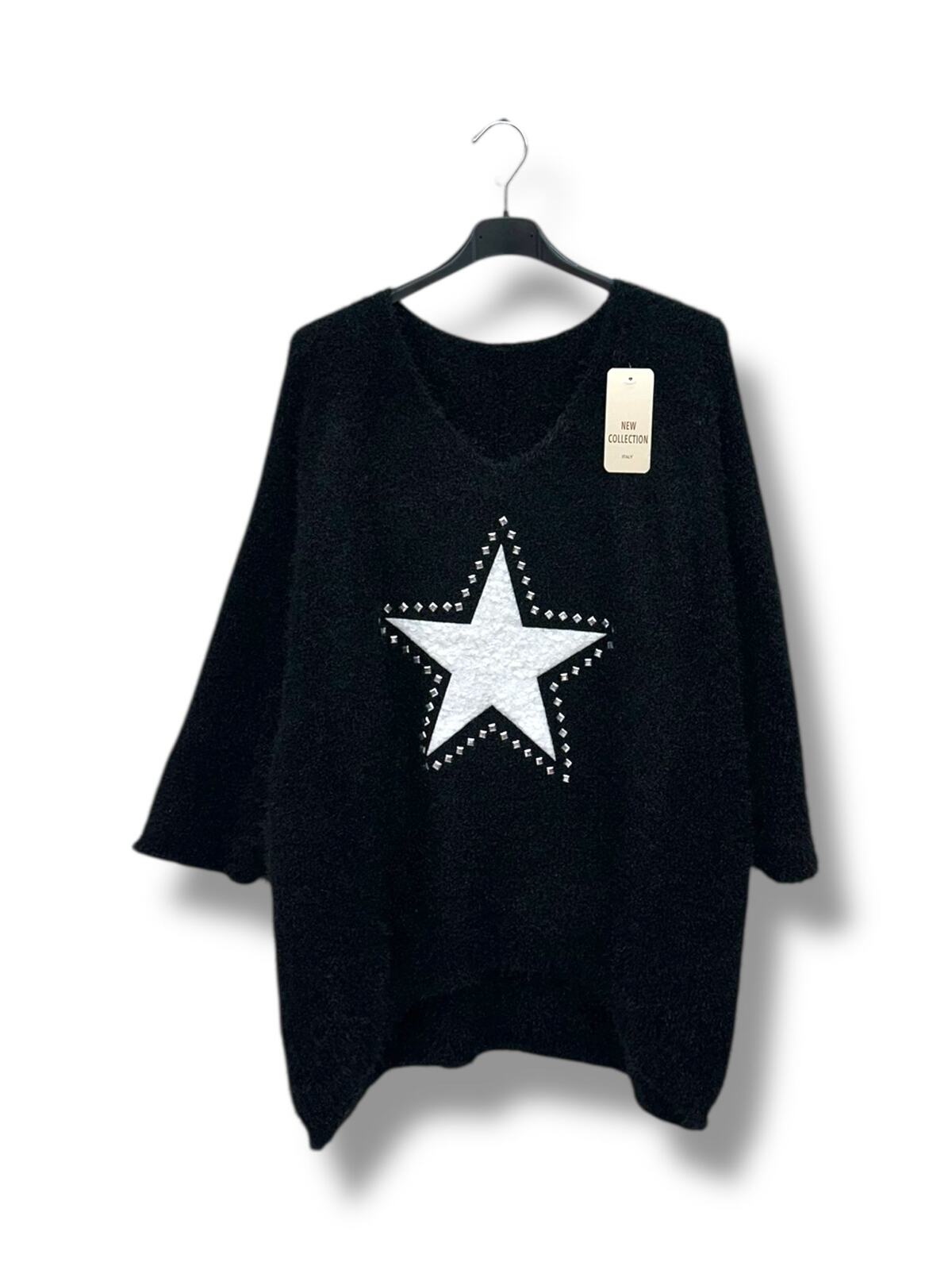 Pull Col V Tendance Oversize avec Étoile Cloutée – Manches Longues