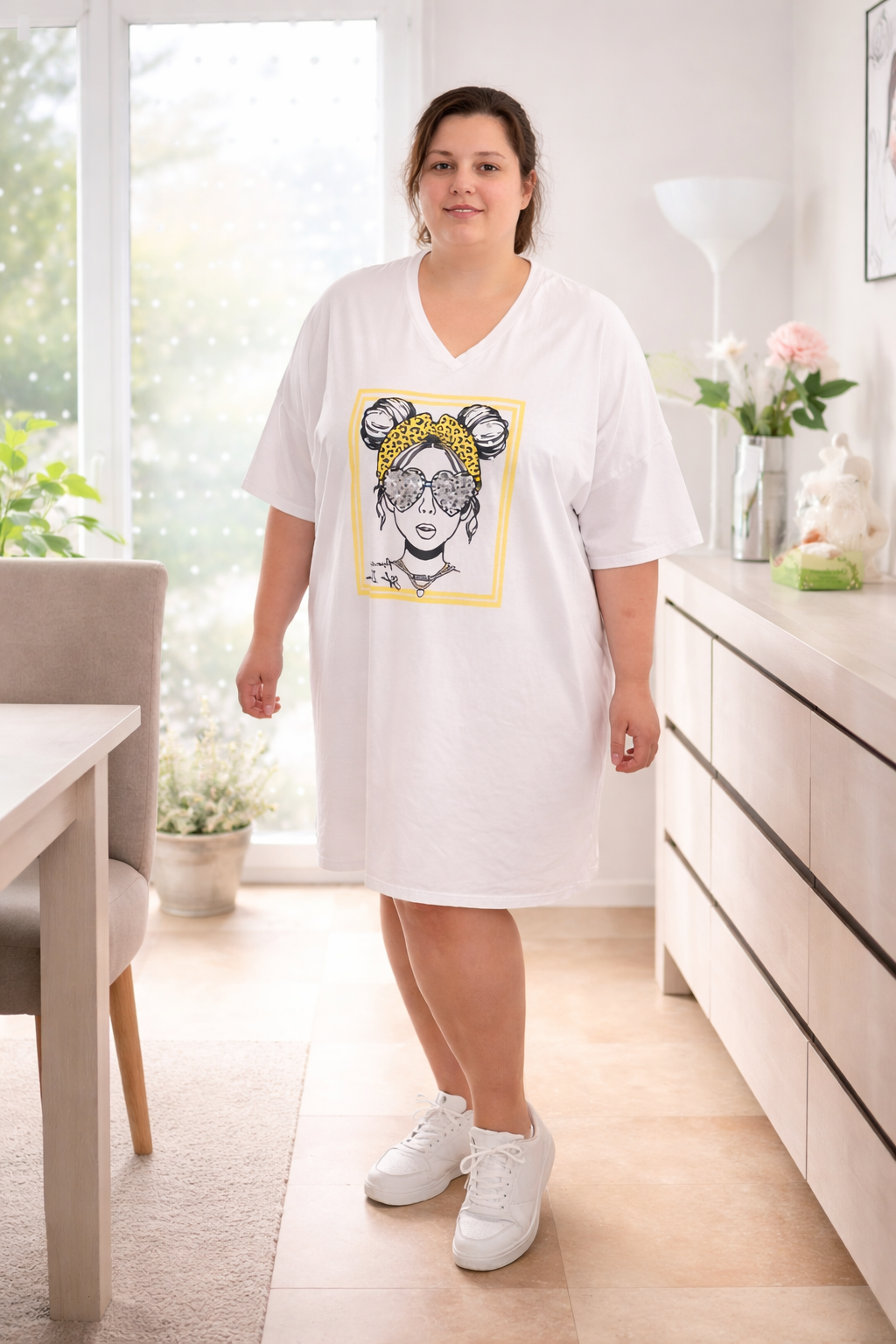 Robe T-Shirt Grande Taille avec Imprimé Fille strass couleur jaune