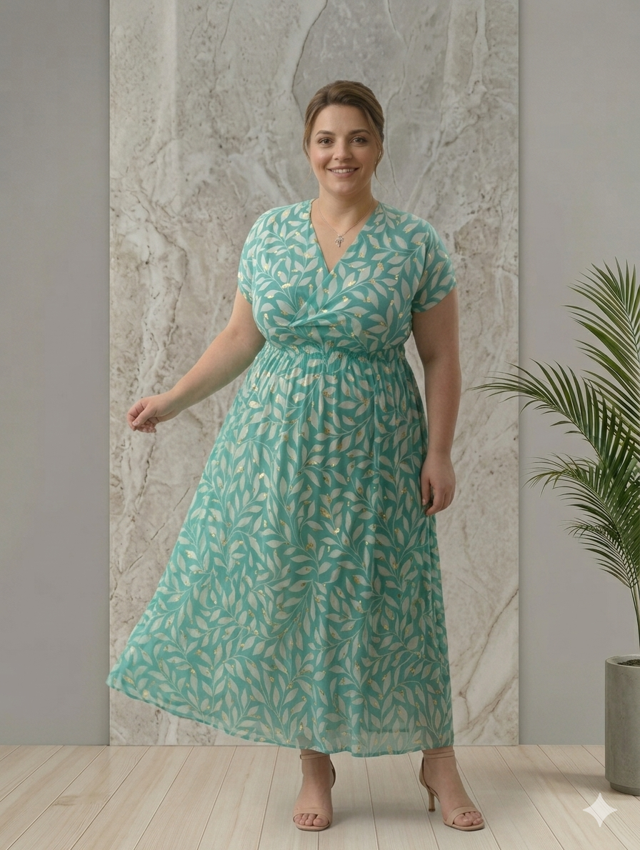 robe longue magique col V couleur bleu turquoise