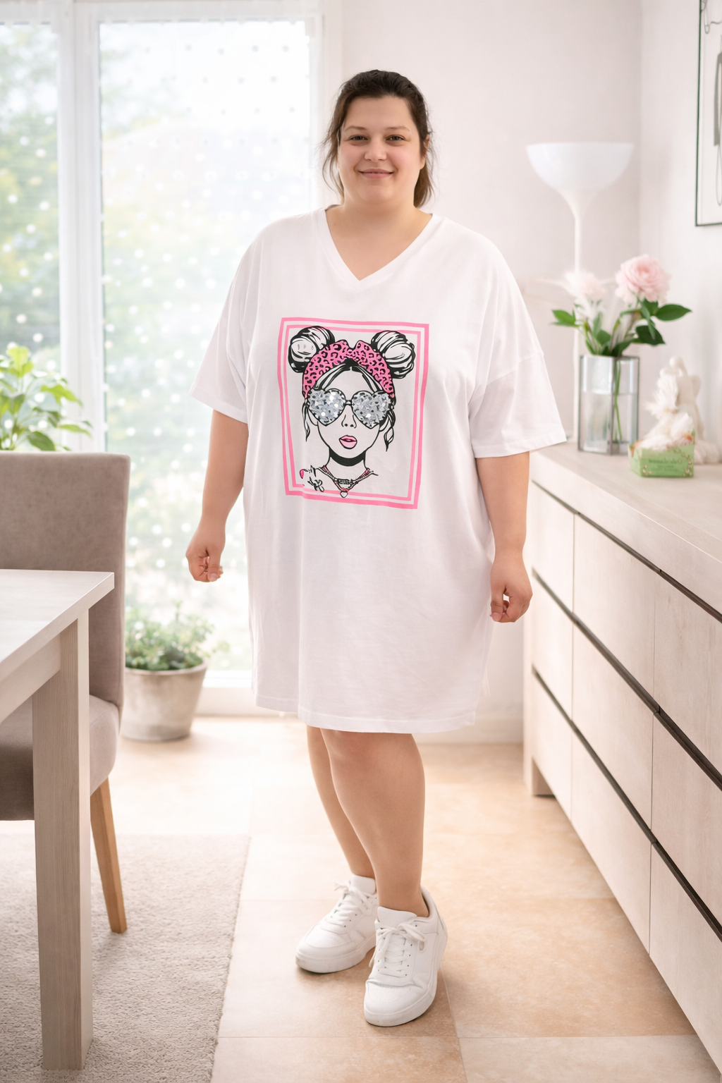 Robe T-Shirt Grande Taille avec Imprimé Fille strass couleur rose