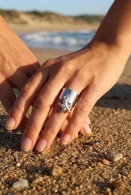 bague en acier inoxydable en argent avec breloque étoile de mer