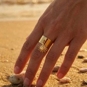 bague en acier inoxydable en or avec breloque soleil