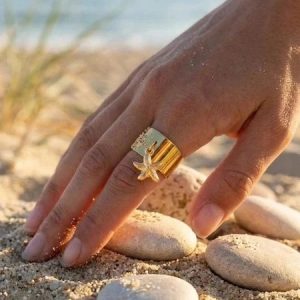 bague en acier inoxydable en or avec breloque étoile de mer