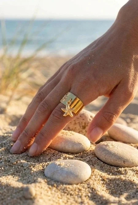 bague en acier inoxydable en or avec breloque étoile de mer