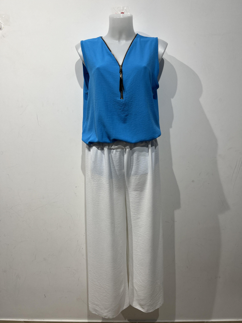 ensemble debardeur turquoise avec fermeture eclair + pantalon large blanc
