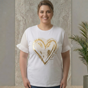 t-shirt blanc avec coeur dorée et manche dorée