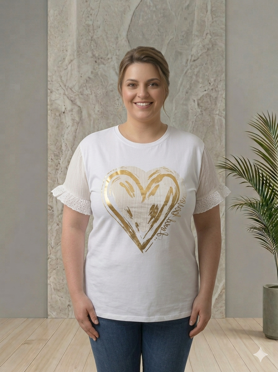 t-shirt blanc avec coeur dorée et manche dorée
