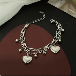 Bracelet Double Rang en Acier Inoxydable Argenté - Charms Cœurs et Billes