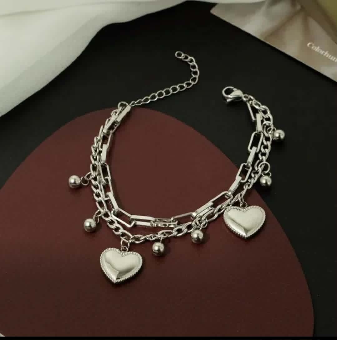 Bracelet Double Rang en Acier Inoxydable Argenté - Charms Cœurs et Billes
