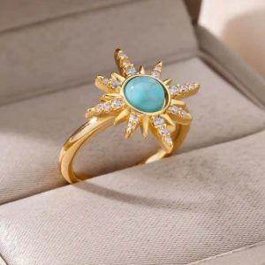 Bague Solaire en Acier Inoxydable Doré - Pierre Turquoise et Strass