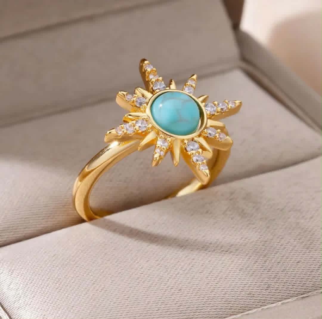 Bague Solaire en Acier Inoxydable Doré - Pierre Turquoise et Strass