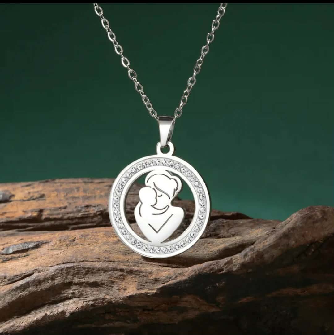 Collier Pendentif Mère-Enfant en Acier Inoxydable Argenté - Médaille Strass