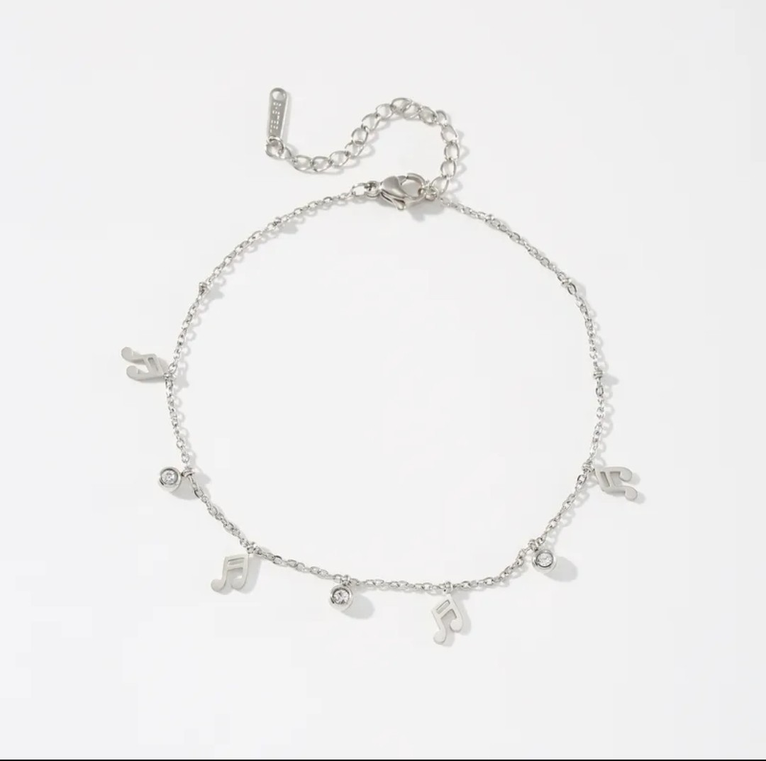 Bracelet de Cheville en Acier Inoxydable Argenté - Charms Notes de Musique et Strass