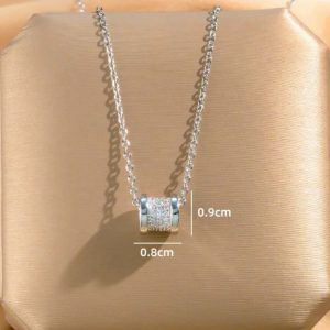 Collier Pendentif Petit Cylindre Pavé de Strass en Acier Inoxydable Argenté