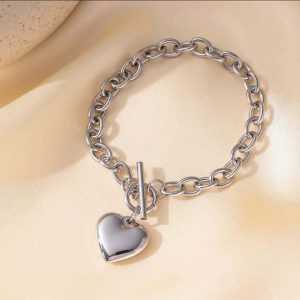 Bracelet Grosse Maille en Acier Inoxydable Argenté - Fermoir T et Pendentif Cœur Bombé