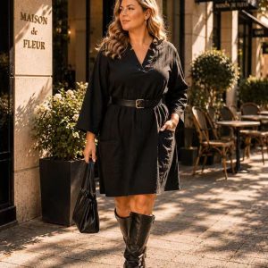 Robe Tunique Col Fantaisie à Poches noire